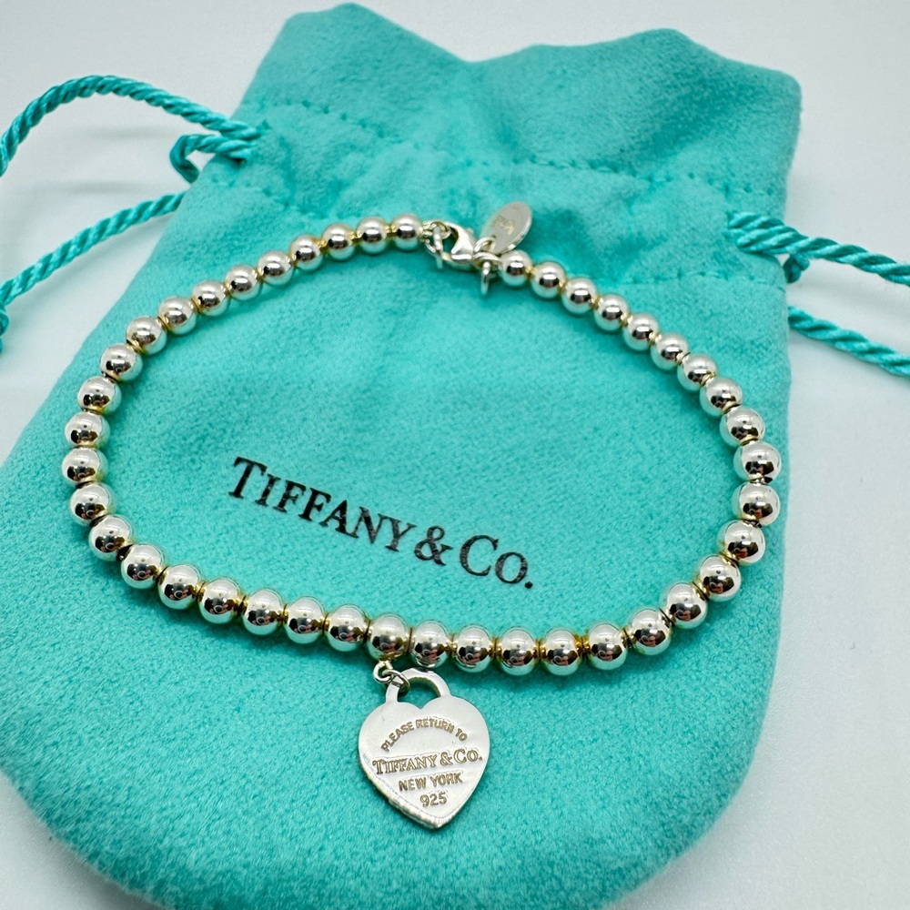 Tiffany & Co Heart Tag Bead Bracelet Sterling Silver .925 Pinsk Heart + Gift Box